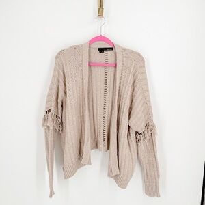 360 Sweater Tan Cardigan with Fringe Sleeves